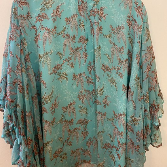 Sundance Wilde Aqua Chiffon Ruffle Loose Fit Boho Top Size Large - Picture 3 of 13